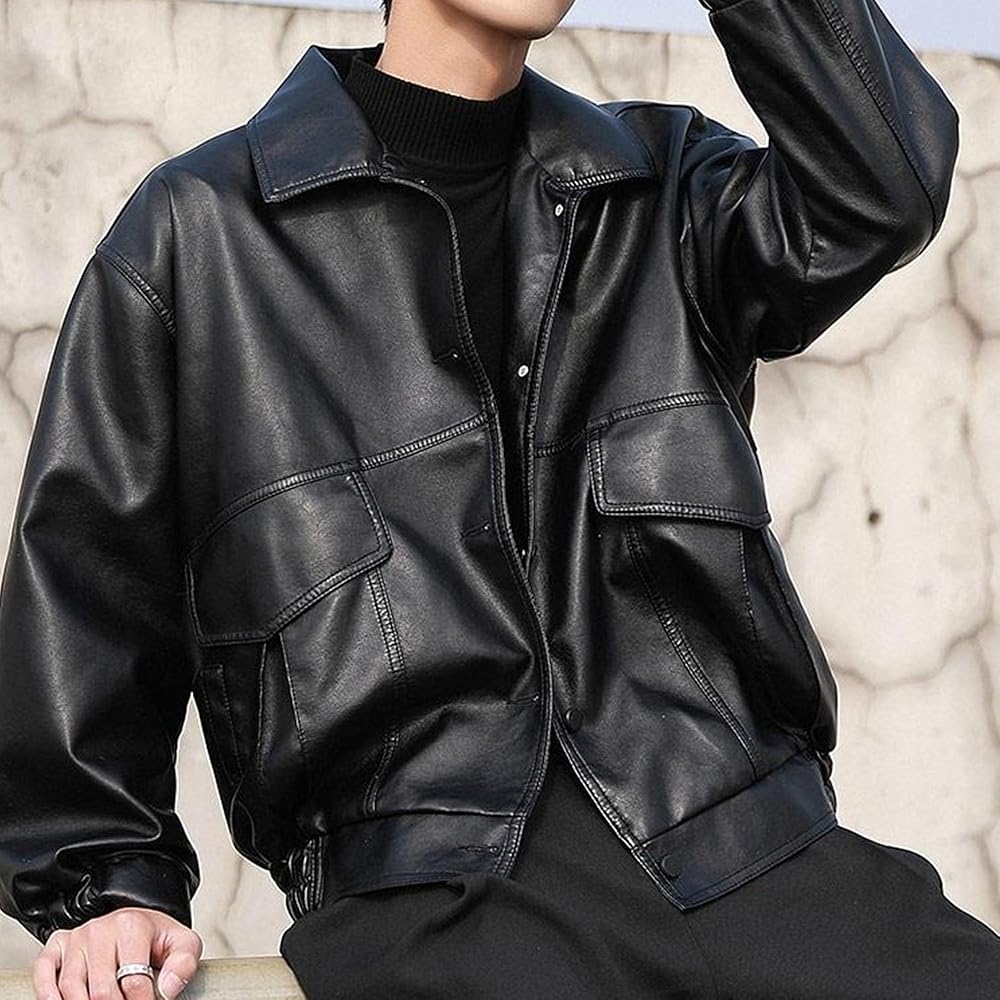 Amazon.com: Men Lapel Collar Button Leather Jacket Loose